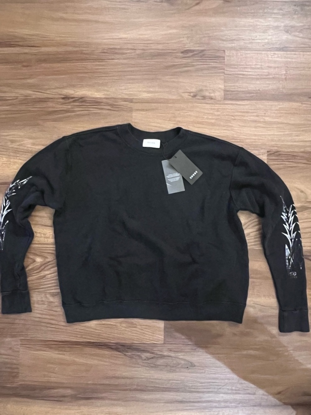 Rhude Black Crewneck Sweater with White Sleeve Leaf Motif small fits a medium